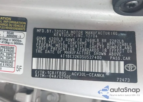2005 Toyota Camry Le from USA, damaged, VIN 4T1BE32K05U527400